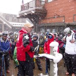Powder Posse Mac Smith Director of Ski Patrol at Aspen Highlands gives the low down to some hard up riders willing to make turns in fresh powder to make conditions safer in the Highlands Bowl.