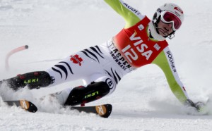 Germany's Christina Geiger riding the ragged edge of a slalom turn.